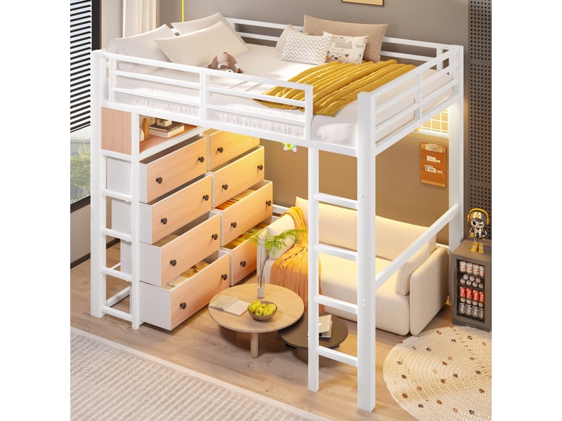  Lit mezzanine enfant 140x200 cm, 8 tiroirs et 2 étagères, panneau perforé, led 7 couleurs, espace inférieur ouvert, garde-corps intégral, métal blanc Radiant Stride - Conforama D