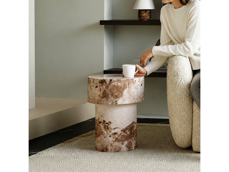  Table d'appoint ronde en marbre d'ingénierie beige et marron d39 cm  - Conforama B