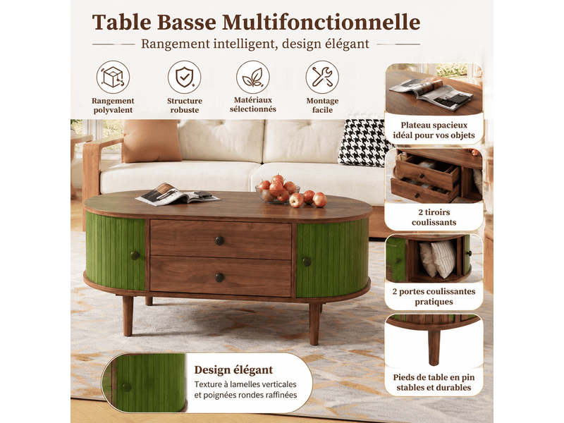  Table basse ovale en mdf avec portes coulissantes à lattes verticales et 2 tiroirs  - Conforama D