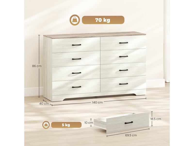  Commode moderne en bois à 8 tiroirs, 140 x 40 x 86 cm, noyer et gris clair  - Conforama E