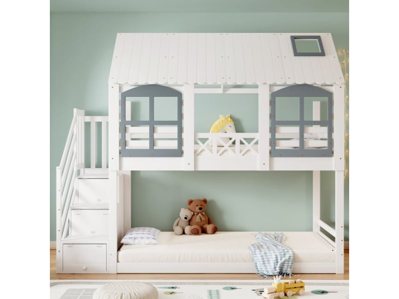  Lit superposé enfant 90x200 cm, lit cabane avec grille antichute et 3 casiers dans l'escalier, en bois, blanc, sans matelas  - Conforama C