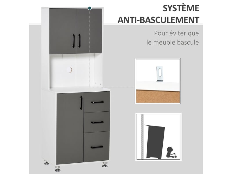 Buffet haut cuisine, armoire de cuisine, vaisselier avec 3 portes, 3 tiroirs et plan de travail, meuble de rangement pour salon, salle à manger, style moderne, gris, 60 x 40 x 160 cm - Conforama W