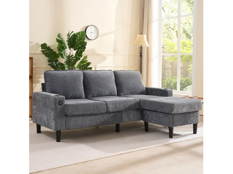  Canapé d'angle modenvie modulable gris en lin avec pouf, usb, type-c et porte-gobelets 202 x 137 x 80 cm  - Conforama D