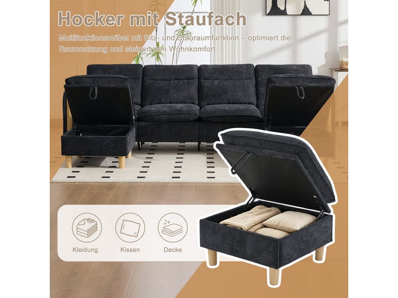 Grand canapé en u avec 2 poufs à rangement, modulable 4 places, pieds en bois, chenille noir  - Conforama D