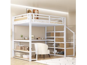 Lit mezzanine enfant 140x200 cm – blanc – bureau, étagères, escalier et rangements intégrés pour étude