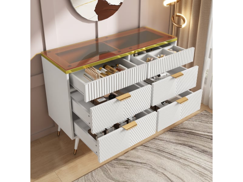 Buffet salon commode en verre ambré 6 tiroirs avec compartiments, meuble de rangement pour chambre à coucher - Conforama C