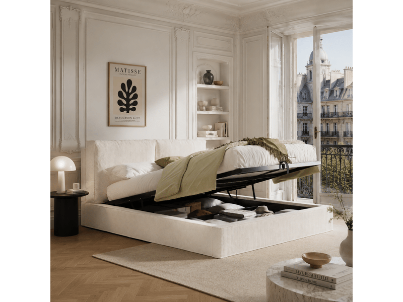 Lit coffre rembourré 180 x 200 cm en velours côtelé beige, tête de lit épaisse, sommier à lattes N634U0009D - Conforama B