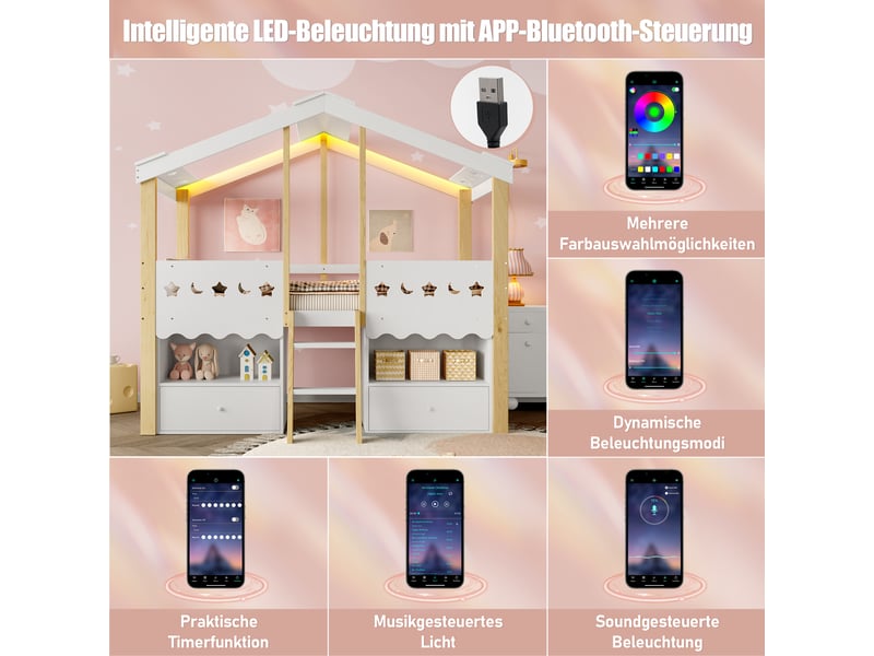 Lit cabane blanc et naturel 90×200 cm en pin, avec deux tiroirs, éclairage led, échelle et rangements ouverts - Conforama E