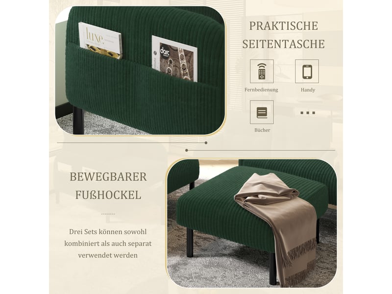  Canapé 2 places en velours côtelé vert émeraude avec fauteuil et pouf modulables pour salon  - Conforama E