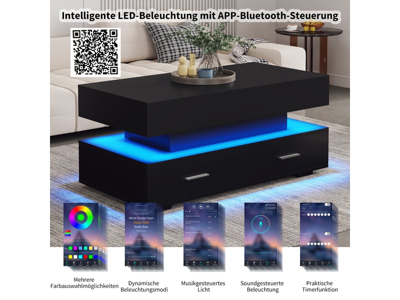  Table basse relevable noire avec éclairage led, plateau hydraulique, panneau de particules, 100x50x44 cm.  - Conforama D