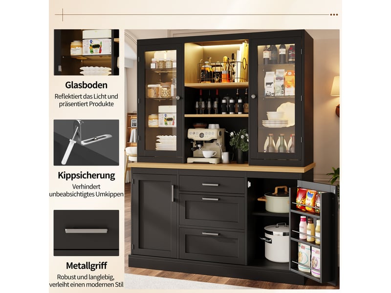 Buffet de cuisine led via appli 140x40x185 cm, 3 tiroirs, étagères réglables, plan de travail - mdf - noir BUYDEEMEUS - Conforama E