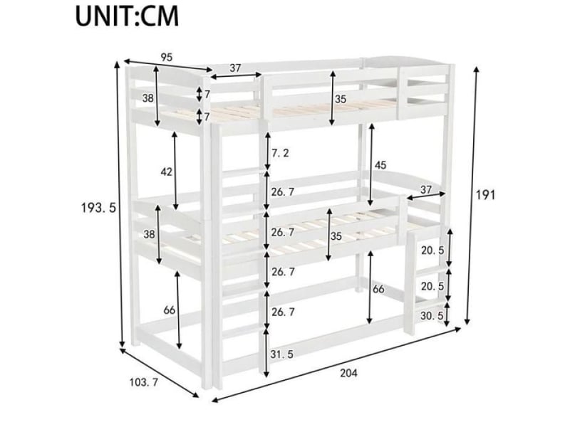  Lit 3 places lit superposé 3 etage métallique multifonction 90180×200 cm, lit extractible, sac de rangement et escalier intégré  - Conforama C