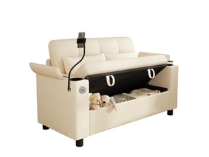 Canapé 2 places avec coffre 136,5x79,5x83,6 cm, rangements d’accoudoirs, 2 porte-gobelets, usbtype-c, support téléphone, velours côtelé beige
