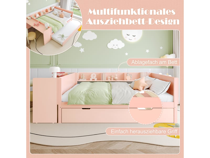  Lit double rose 140x200 cm en pin et aggloméré, bureau, lit gigogne 90x190 cm et étagères intégrées, sans matelas  - Conforama D