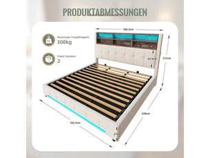 Lit coffre 180x200 cm, lit double, rangement hydraulique, led, velours beige, usb et usb-c