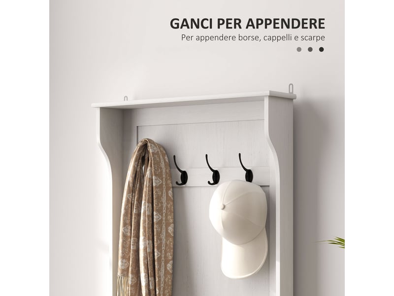  Meuble vestiaire d'entrée 3 en 1 en bois blanc avec 4 crochets et banc à chaussures, 71.5x39.5x170 cm  - Conforama E