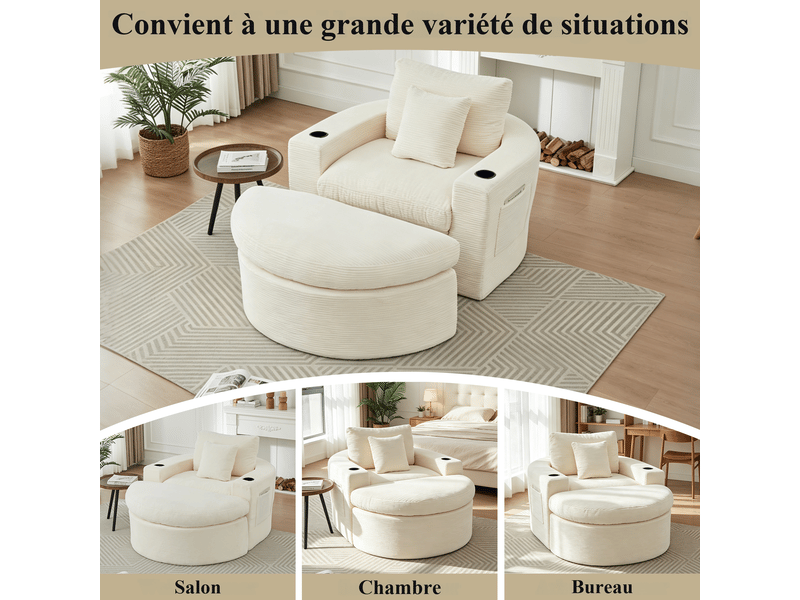 Fauteuil rond extra large en velours côtelé beige avec pouf mobile, porte-gobelets et rangement latéral 156 x 136 x 88 cm 156X136X88cm - Conforama W