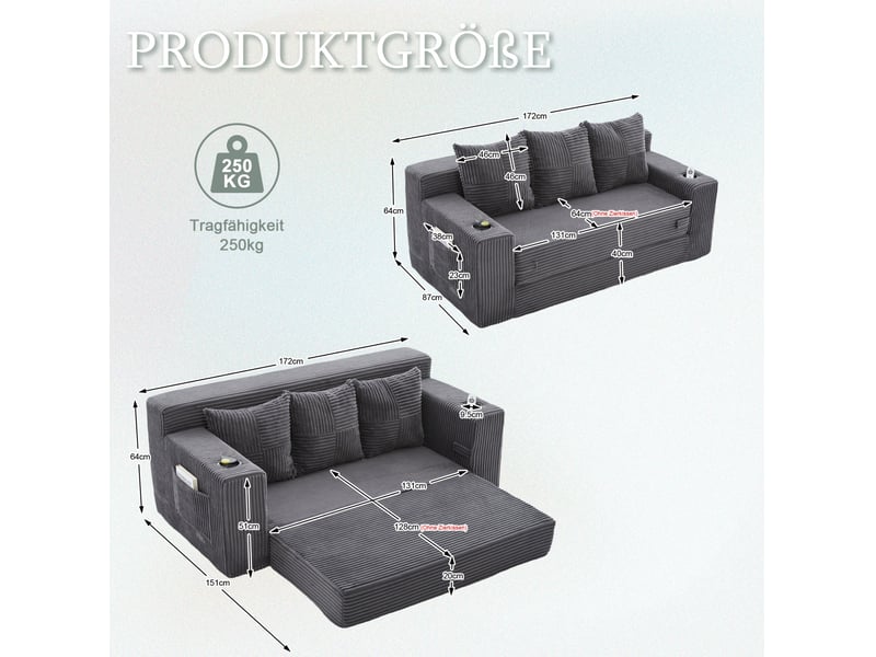 Canapé modulaire 2 places avec accoudoirs, porte-gobelets et poches latérales en velours côtelé gris, 172 × 87 × 64 cm - Conforama D