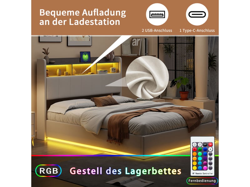 Lit coffre 140x190 cm avec led,usb et type-c, lit adulte avec sommier à lattes, lit double moderne, blanc,velours - Conforama R