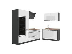 Vicco cuisine en angle, blanc haute brillanceanthracite, 230 x 120 cm plan de travail chêne doré