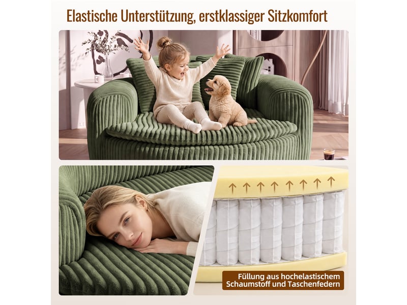  Fauteuil lounge 1 places en velours côtelé vert, assise profonde 89×90 cm, 5 coussins, sans montage, design arrondi  - Conforama D