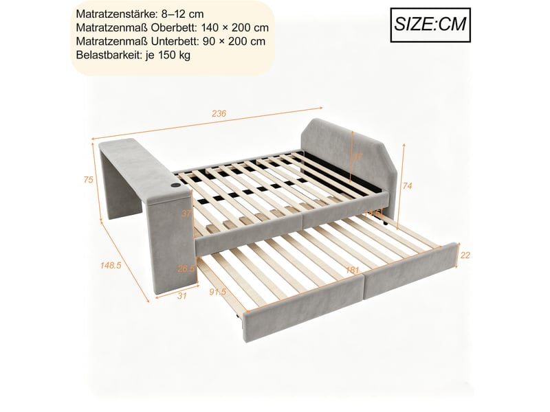  Lit simple rembourré 140 x 200 cm, bureau, port usb et couchage extractible, velours gris  - Conforama B