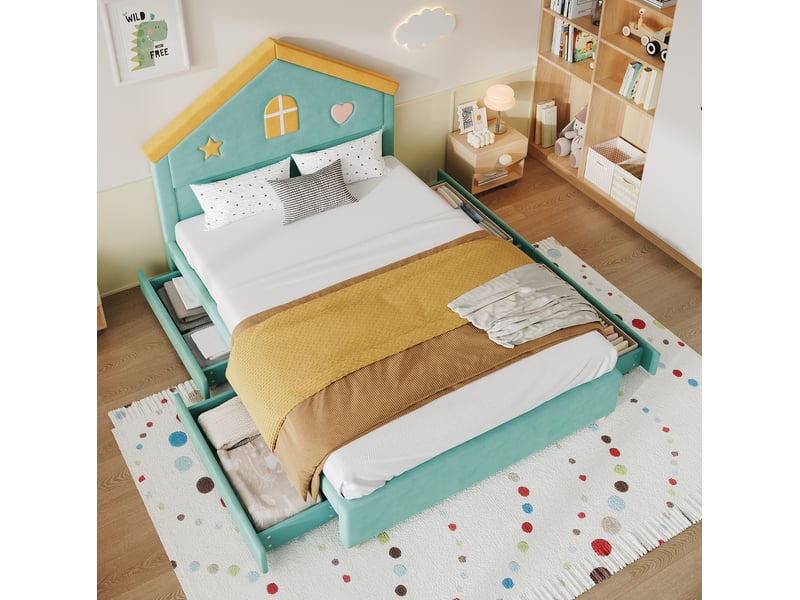  Lit cabane enfant 140x200 cm en velours bleu-vert avec 4 tiroirs, sans matelas  - Conforama B