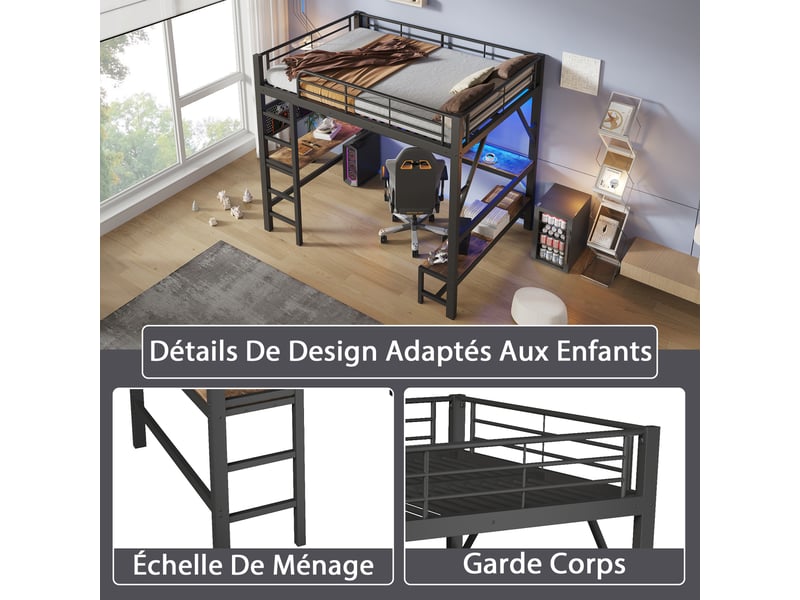 Lit mezzanine 160 x 200 cm – avec bureau -  barrières de sécurité et échelle – avec ports usb et type-c – avec éclairage led – noir (matelas non inclus)  - Conforama W
