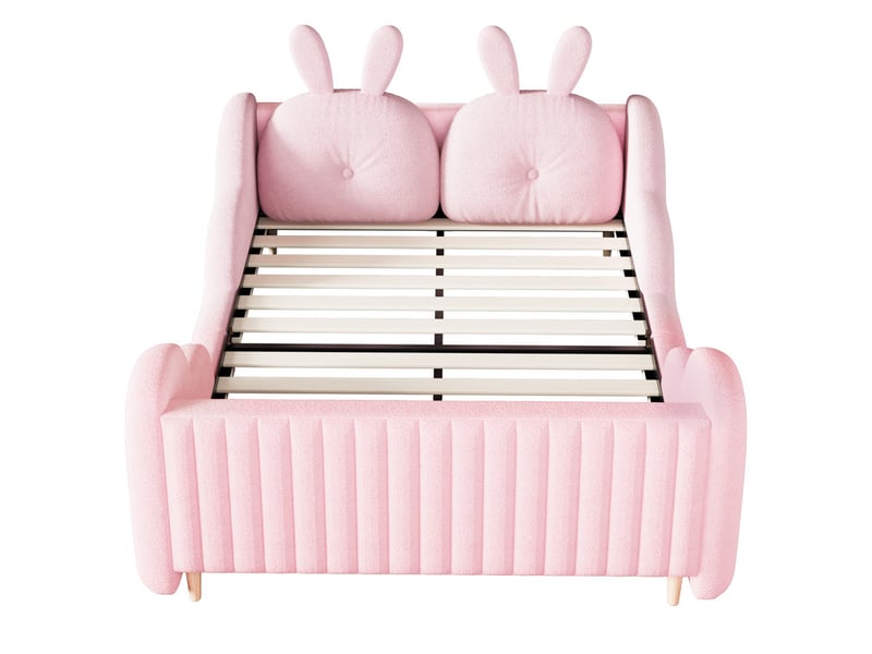  Lit capitonné en velours bouclette, 140 x 200 cm, lit enfant avec des coussins en forme de lapin, rose  - Conforama A