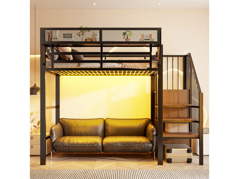  Lit superposé 90x200 cm, lit enfant, rangement, échelle sécurisée, led, métal noir  - Conforama C