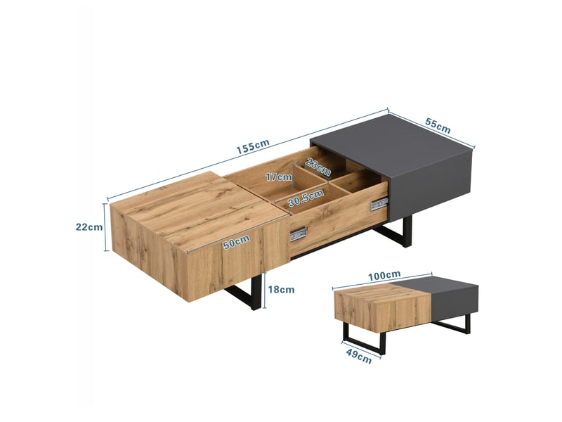  Table basse coulissante extensible 100 à 155 x 55 cm, rangement, naturel anthracite  - Conforama C