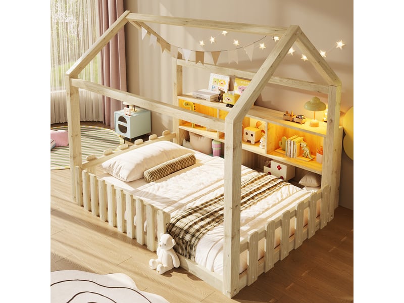 Lit cabane enfant 90x190 cm - avec barrières de sécurité - avec bande lumineuse led - compartiments de rangement ouverts - naturel (matelas non inclus) - Conforama E