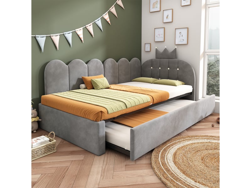  Lit gigogne 90x200 cm - lit 2 personnes avec lit tiroir 90x190 cm - velours - design couronne - gris  - Conforama B