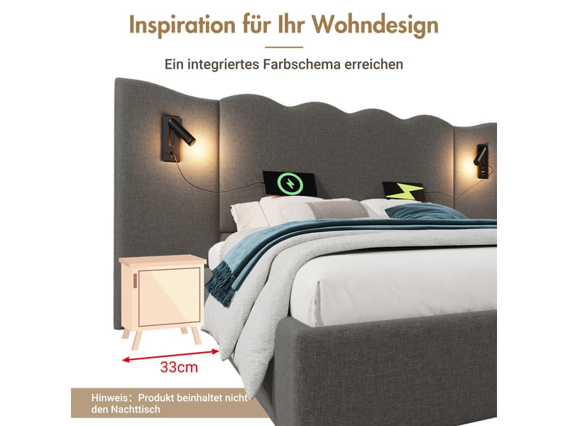  Lit coffre double 160×200 cm avec lampe de lecture, usb et type-c - okmyhome- gris, matelas inclus  - Conforama E