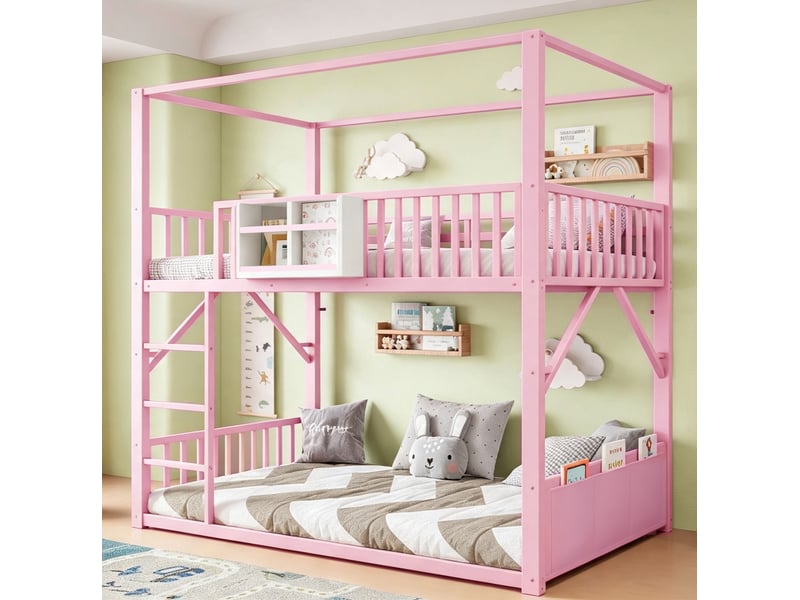  Lit superposé enfant 90x200 cm avec structure en forme de toit, métal, rose  - Conforama B
