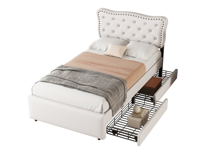  Lit rembourré beige clair 90x200 cm avec détails cloutés et 2 tiroirs de rangement  - Conforama E