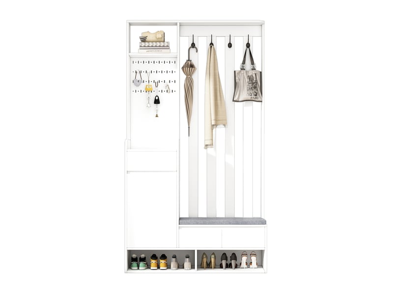  Meubles d'entrée avec banc rembourré, tiroir, niches, placard, panneau perforé et 4 crochets, blanc, 100 × 35 × 180 cm  - Conforama A