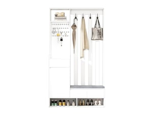 Meubles d'entrée avec banc rembourré, tiroir, niches, placard, panneau perforé et 4 crochets, blanc, 100 × 35 × 180 cm