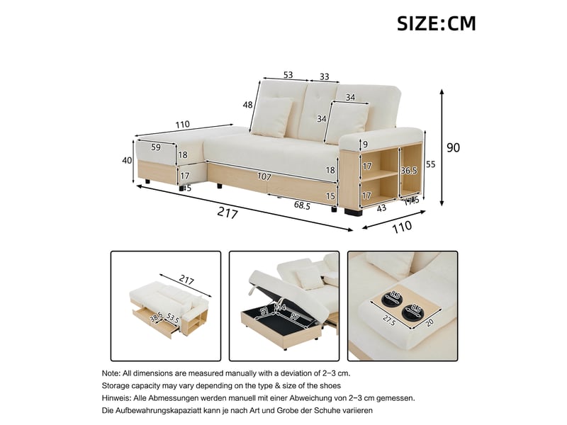  Canapé convertible 3 places, tissu chenille beige avec coffre de rangement, dossier réglable et tiroirs pour salon moderne, 217 cm  - Conforama C