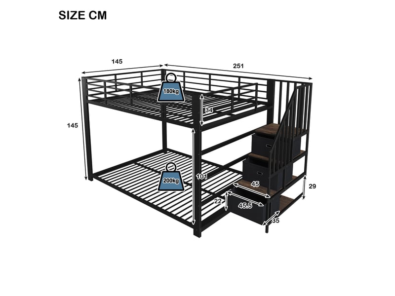  Lit superposé modenvie adulte 140 x 200 cm avec escalier de rangement led prises usb noir  - Conforama C