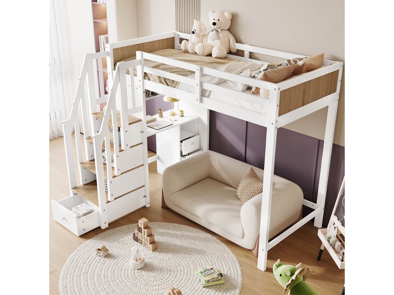  Lit mezzanine enfant 90x200 cm en bois avec bureau intégré, escalier avec rangement, 3 tiroirs et étagère ouverte - blanc et naturel  - Conforama E