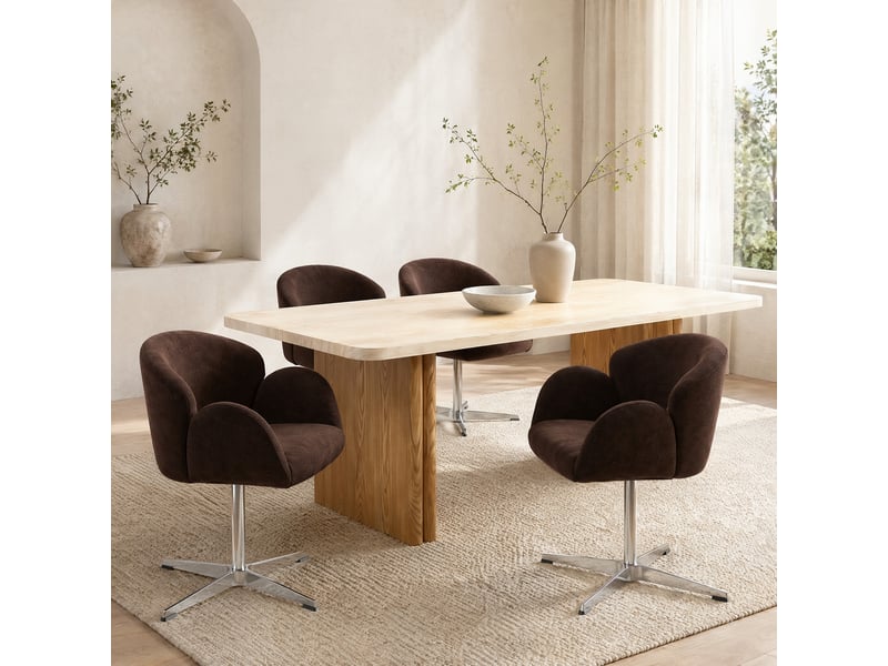  Chaise de salle à manger pivotante 360° en velours marron avec piètement en acier inoxydable brillant, 64 x 64 x 78 cm  - Conforama D