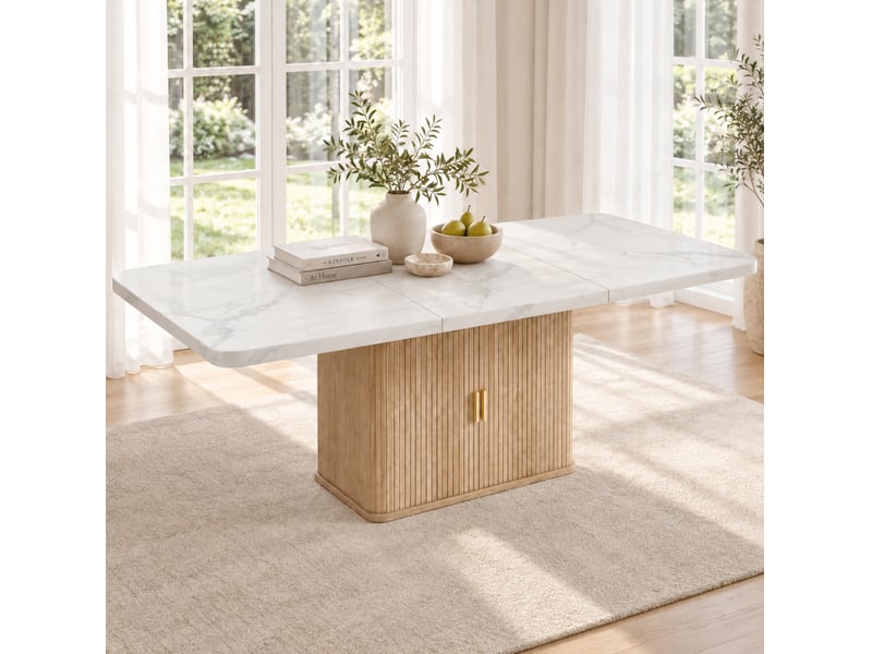  Table à manger extensible 150200x90x75 cm, 6 à 8 places, rangement, plateau 28 mm mdf, blanc marbré et chêne clair  - Conforama B
