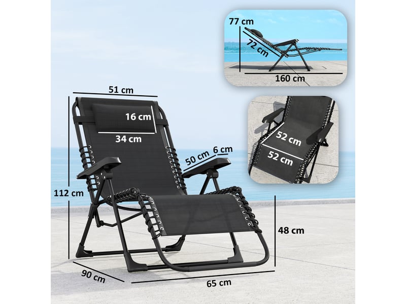 Lot de 2 bains de soleil pliant, transat inclinable, chaise longue textilène noir 90x65x112cm - Conforama E