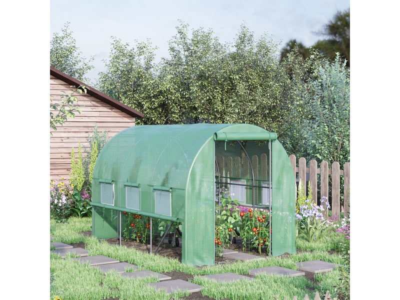 Serre en aluminium, 6 fenêtres enroulables, porte zippée, structure en acier inoxydable, 2,95 x 2 x 2 m, verte - Conforama D