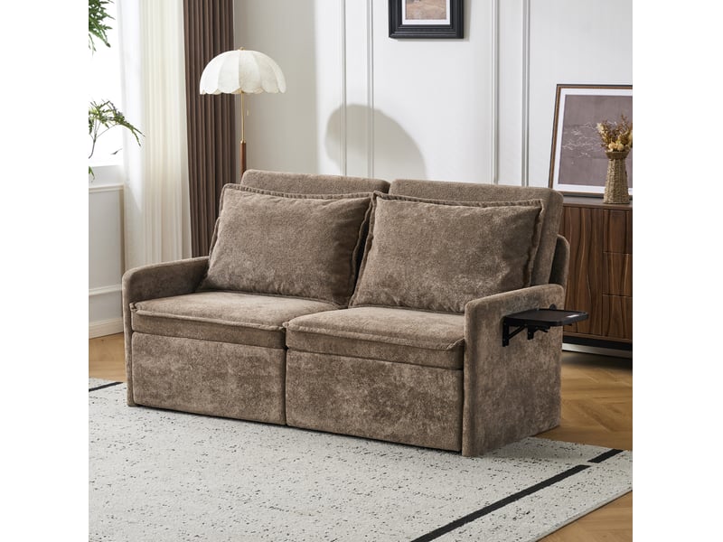 Canapé 3-en-1 avec fonction de sommeil - canapé lit avec coussins et chargeur usb, repose-dos à 5 positions réglables, canapé convertible avec rangement, chenille, marron - Conforama B