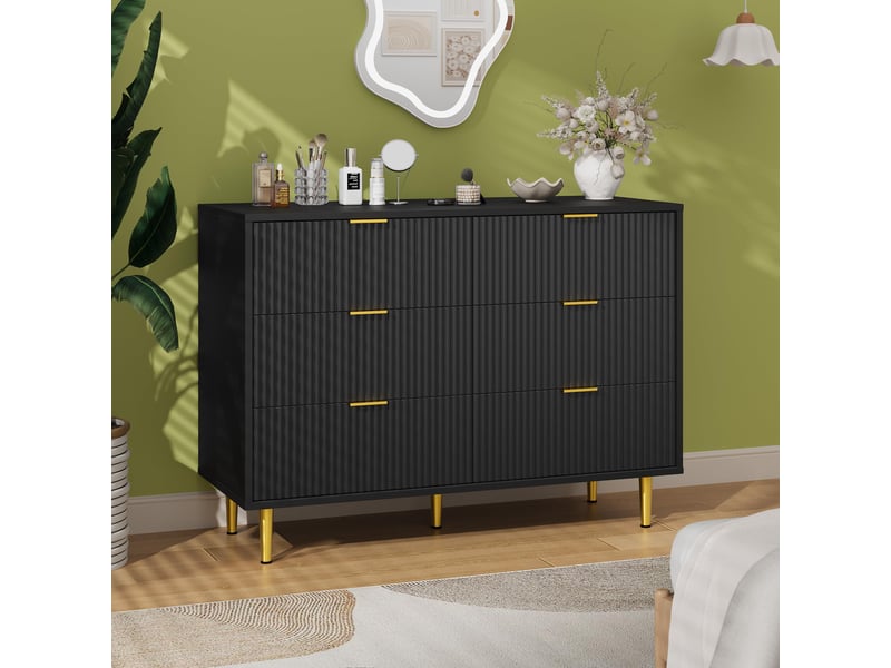 Commode 6 tiroirs moderne - grand espace de rangement, anti-basculement façade ondulée, poignées et pieds dorés, 100x40x75cm-noir PHK_35LS575A - Conforama B