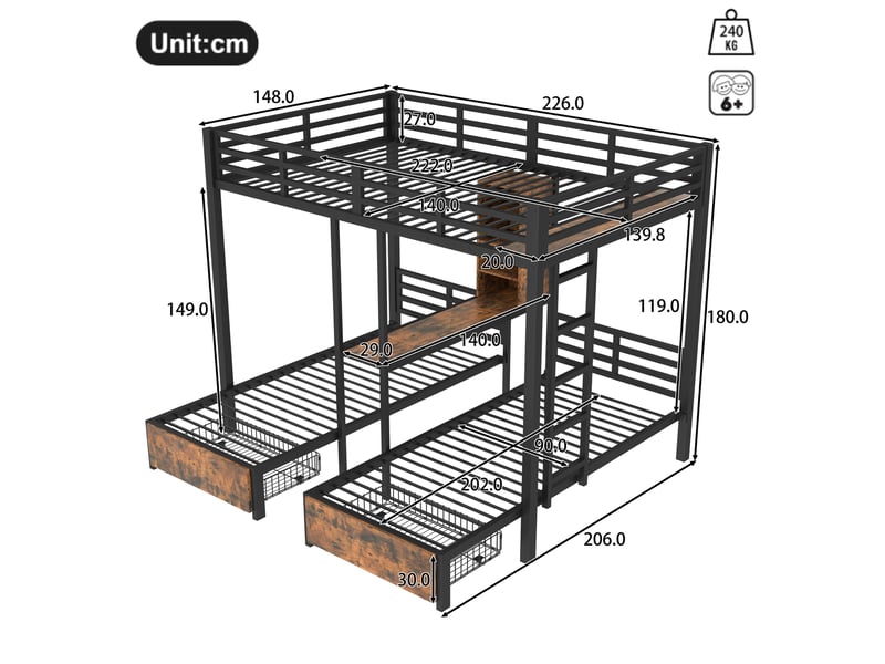  Lit superposé 3 couchages 140x200 et 90x200 cm avec 2 tiroirs en métal et mdf  - Conforama E