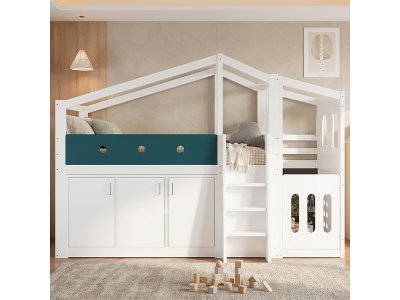  Lit superposé mi haut enfant 90x200 cm forme maison blanc bois massif mdf avec espace de jeu armoire de rangement et échelle Sol Morn - Conforama B