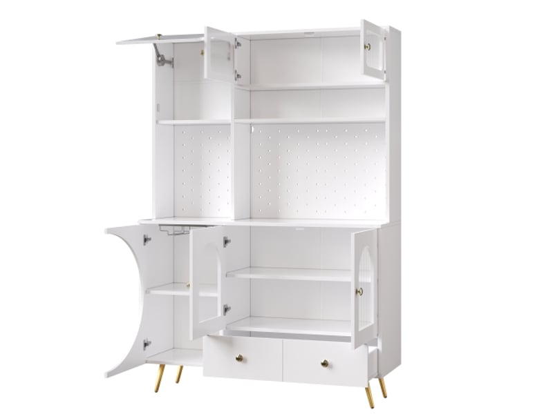  Buffet led moderne blanc avec armoire haute, cuisine et salon, rangement panneau perforé, tiroirs et verre, usb  - Conforama E